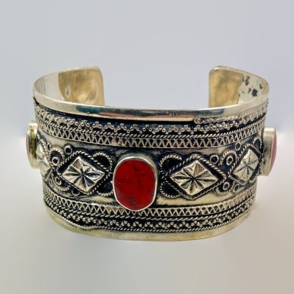 Red Jasper Bracelet, Afghan Cuff, Vintage, Silver Metal, Middle Eastern - Picture 3 of 5